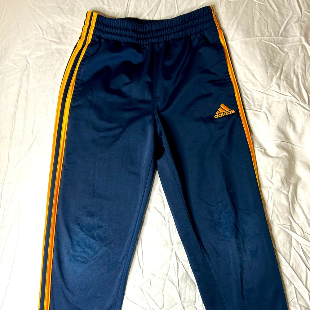 Adidas Kids Blue Joggers with Gold Stripes